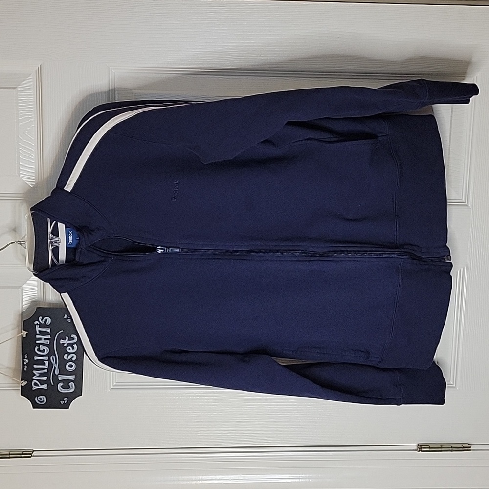 Reebok Large Jacket Navy White Stripe Athletic Zip Up
